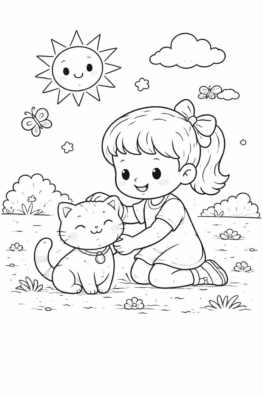 Adorable Little Girl & Cat Coloring Page for Kids Fun