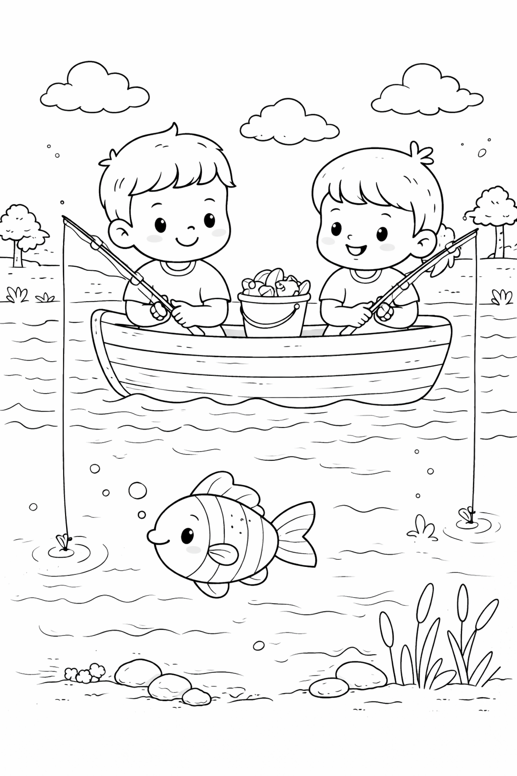 Printable Fishing Coloring Page: Two Kids Fun Activity