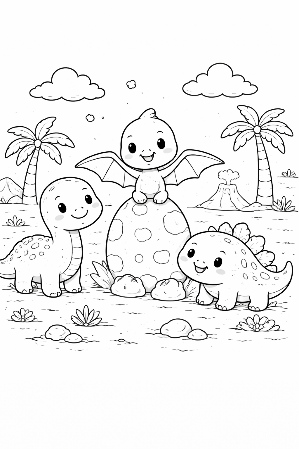 Fun Baby Dino Coloring Page for Kids: Three Friends Playtime