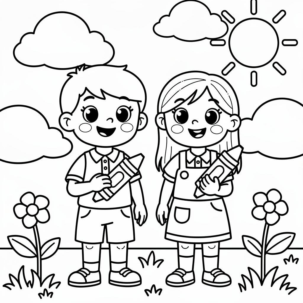 Delightful Children Playing in Flower Garden Coloring Page